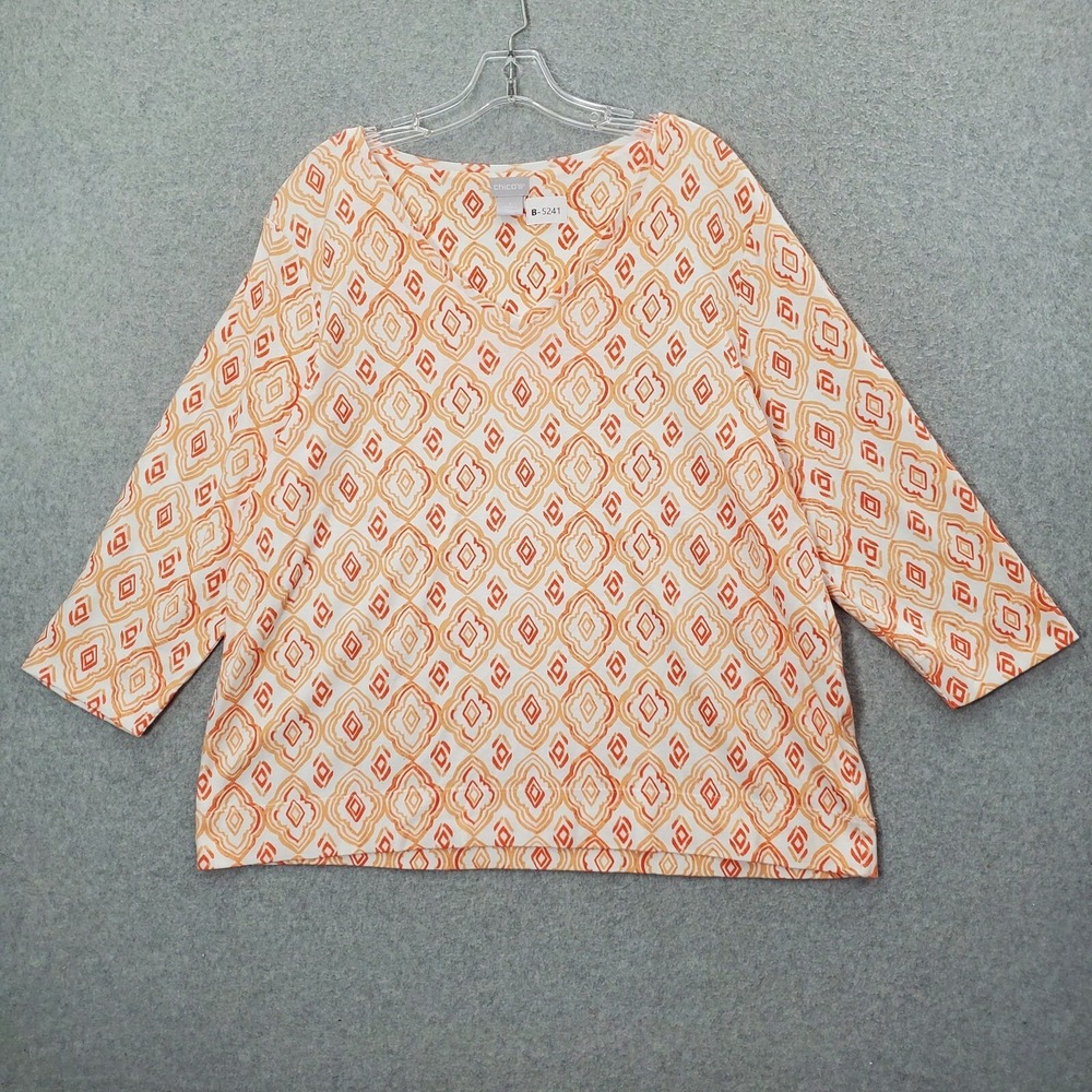Chico's‎ Women Top 3 Orange Geometric Shirt Pima Cotton 3/4 Sleeve Crew Neck